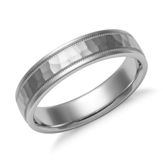 Hammered Milgrain Comfort Fit Wedding Ring in 14k White Gold (5mm)