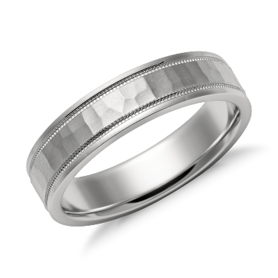 Hammered Milgrain Comfort Fit Wedding Ring in Platinum (5mm)