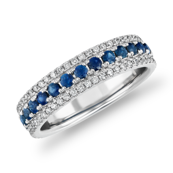 Triple Row Sapphire and Diamond Ring in 14k White Gold (1/3 ct. tw.)