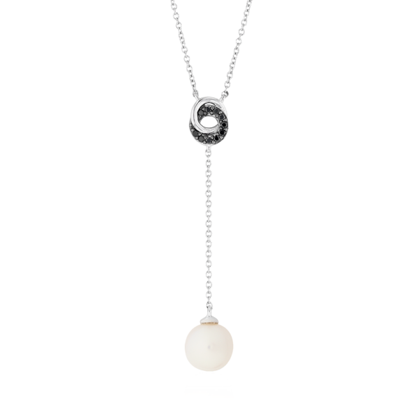 Freshwater Cultured Pearl Drop Pendant with Black Diamond Love Knot in 14k White Gold (7.5-8mm)