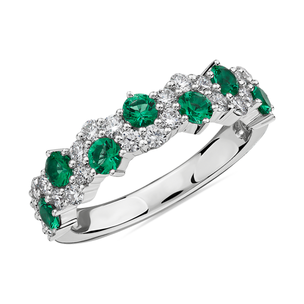 Staggered Emerald and Diamond Ring in 14k White Gold