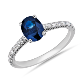 Oval Sapphire French Pave Ring in 14k White Gold (8x6mm)