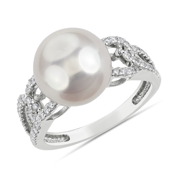 Freshwater Pearl Fashion Ring with Diamond Band in 14k White Gold (10.5-11mm)