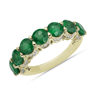 Emerald 7-Stone and Hidden Diamond Halo Ring in 14k Yellow Gold