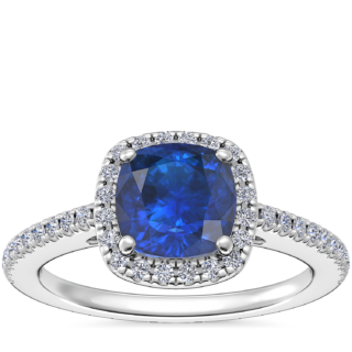 Classic Halo Diamond Engagement Ring with Cushion Sapphire in 14k White Gold (6mm)