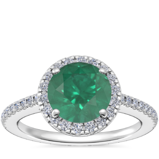 Classic Halo Diamond Engagement Ring with Round Emerald in 14k White Gold (8mm)