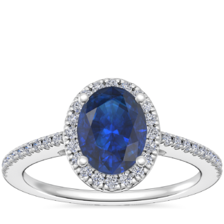 Classic Halo Diamond Engagement Ring with Oval Sapphire in 14k White Gold (8x6mm)