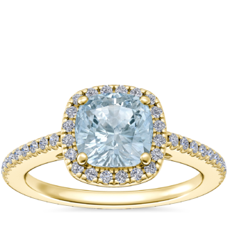 Classic Halo Diamond Engagement Ring with Cushion Aquamarine in 14k Yellow Gold (6.5mm)