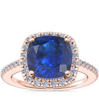 Classic Halo Diamond Engagement Ring with Cushion Sapphire in 14k Rose Gold (8mm)