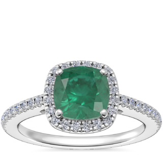 Classic Halo Diamond Engagement Ring with Cushion Emerald in Platinum (6.5mm)