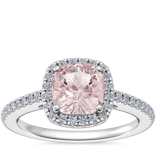 Classic Halo Diamond Engagement Ring with Cushion Morganite in Platinum (6.5mm)