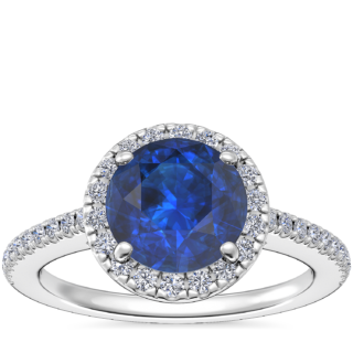 Classic Halo Diamond Engagement Ring with Round Sapphire in Platinum (8mm)