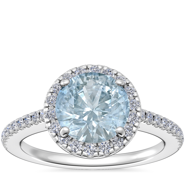 Classic Halo Diamond Engagement Ring with Round Aquamarine in Platinum (8mm)