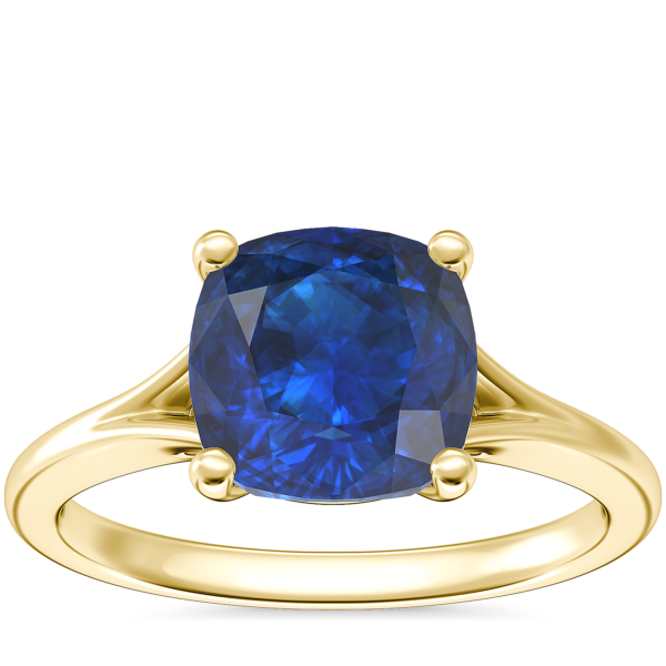 Petite Split Shank Solitaire Engagement Ring with Cushion Sapphire in 14k Yellow Gold (8mm)