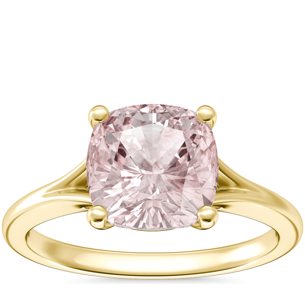 Petite Split Shank Solitaire Engagement Ring with Cushion Morganite in 14k Yellow Gold (8mm)