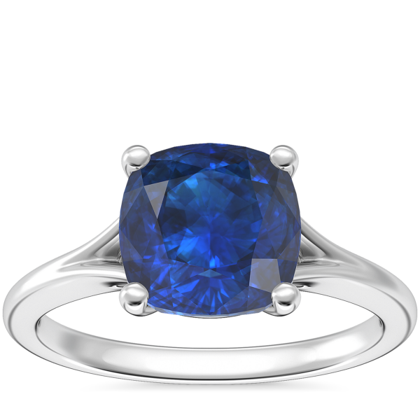 Petite Split Shank Solitaire Engagement Ring with Cushion Sapphire in Platinum (8mm)