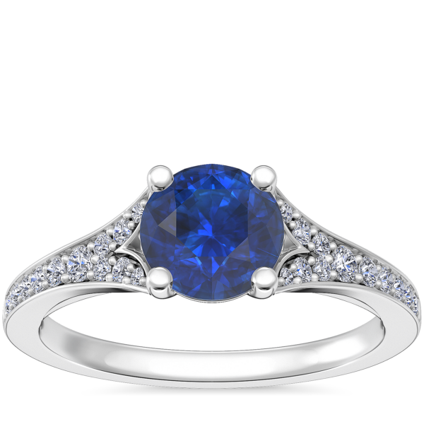 Petite Split Shank Pave Cathedral Engagement Ring with Round Sapphire in 14k White Gold (6mm)