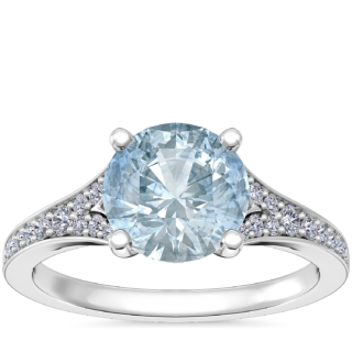 Petite Split Shank Pave Cathedral Engagement Ring with Round Aquamarine in 14k White Gold (8mm)