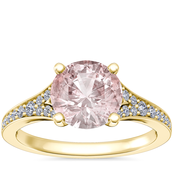 Petite Split Shank Pave Cathedral Engagement Ring with Round Morganite in 14k Yellow Gold (8mm)