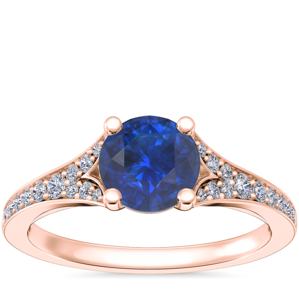 Petite Split Shank Pave Cathedral Engagement Ring with Round Sapphire in 14k Rose Gold (6mm)