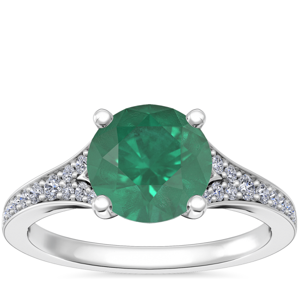 Petite Split Shank Pave Cathedral Engagement Ring with Round Emerald in Platinum (8mm)