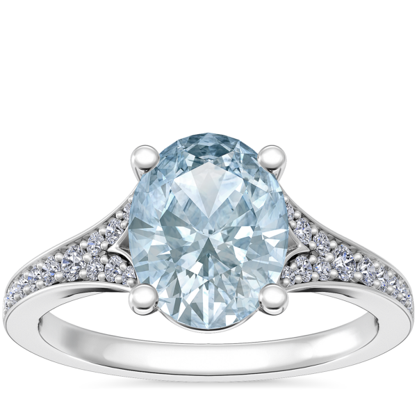 Petite Split Shank Pave Cathedral Engagement Ring with Oval Aquamarine in Platinum (9x7mm)