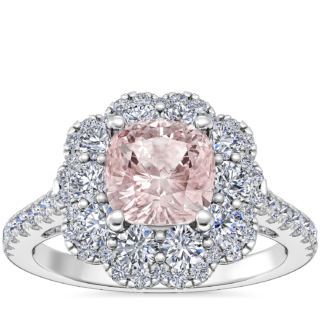 Vintage Diamond Halo Engagement Ring with Cushion Morganite in 14k White Gold (6.5mm)