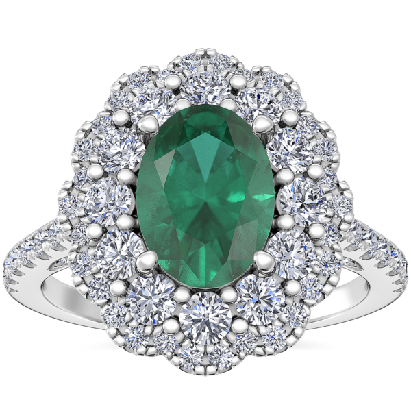 Vintage Diamond Halo Engagement Ring with Oval Emerald in 14k White Gold (7x5mm)