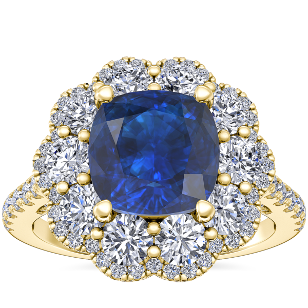 Vintage Diamond Halo Engagement Ring with Cushion Sapphire in 14k Yellow Gold (8mm)