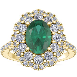Vintage Diamond Halo Engagement Ring with Oval Emerald in 14k Yellow Gold (7x5mm)