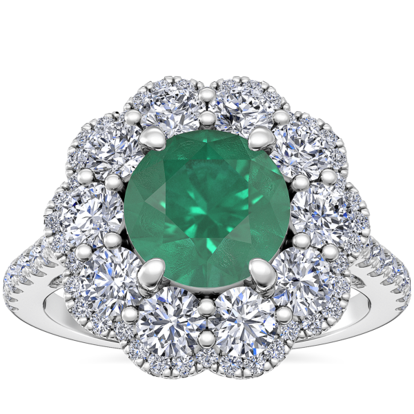 Vintage Diamond Halo Engagement Ring with Round Emerald in Platinum (6.5mm)