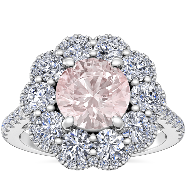 Vintage Diamond Halo Engagement Ring with Round Morganite in Platinum (6.5mm)