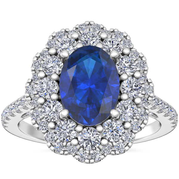 Vintage Diamond Halo Engagement Ring with Oval Sapphire in Platinum (7x5mm)