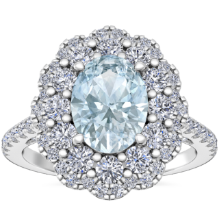 Vintage Diamond Halo Engagement Ring with Oval Aquamarine in Platinum (8x6mm)