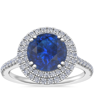 Micropave Double Halo Diamond Engagement Ring with Round Sapphire in 14k White Gold (8mm)