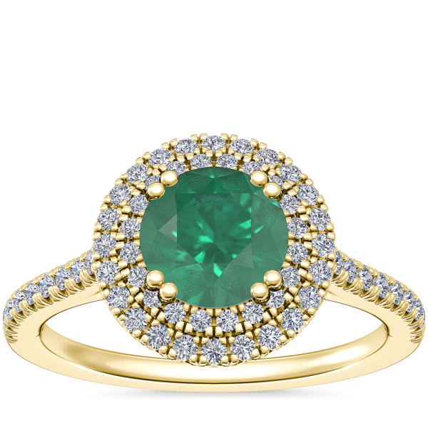 Micropave Double Halo Diamond Engagement Ring with Round Emerald in 14k Yellow Gold (6.5mm)