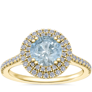 Micropave Double Halo Diamond Engagement Ring with Round Aquamarine in 14k Yellow Gold (6.5mm)