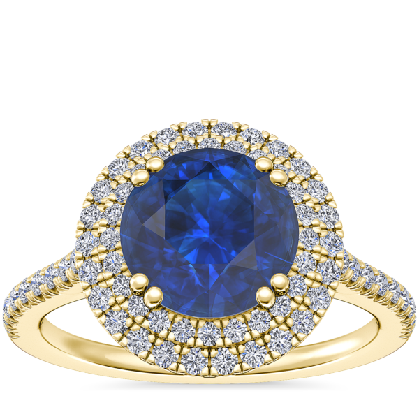 Micropave Double Halo Diamond Engagement Ring with Round Sapphire in 14k Yellow Gold (8mm)