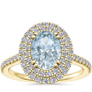 Micropave Double Halo Diamond Engagement Ring with Oval Aquamarine in 14k Yellow Gold (8x6mm)