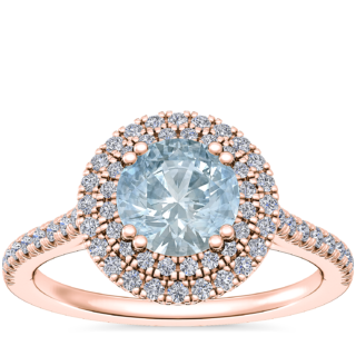 Micropave Double Halo Diamond Engagement Ring with Round Aquamarine in 14k Rose Gold (6.5mm)