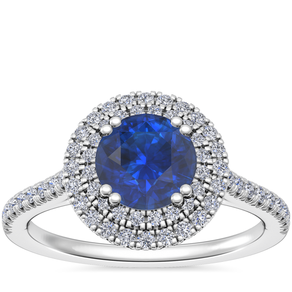 Micropave Double Halo Diamond Engagement Ring with Round Sapphire in Platinum (6mm)