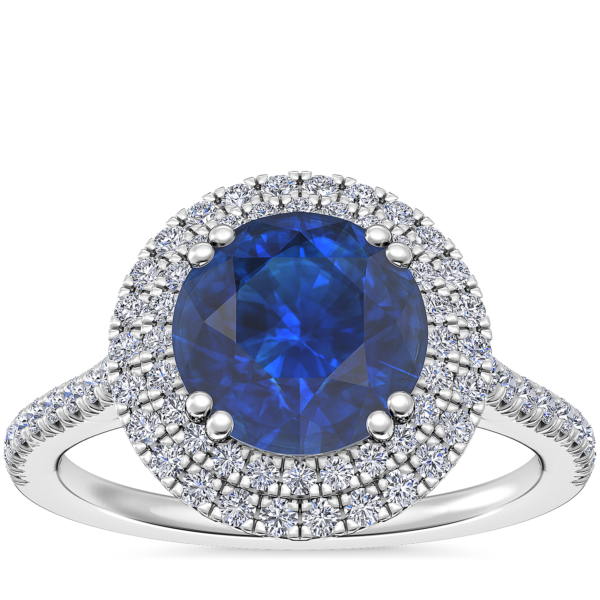 Micropave Double Halo Diamond Engagement Ring with Round Sapphire in Platinum (8mm)