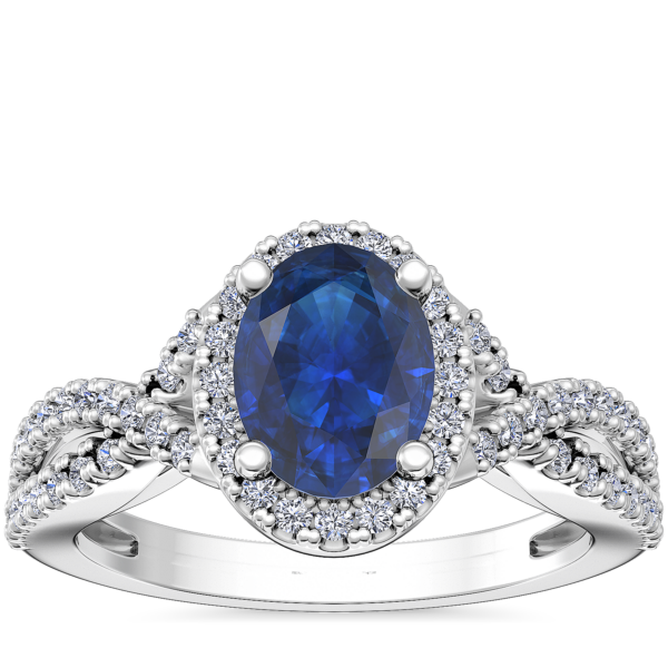 Twist Halo Diamond Engagement Ring with Oval Sapphire in 14k White Gold (8x6mm)