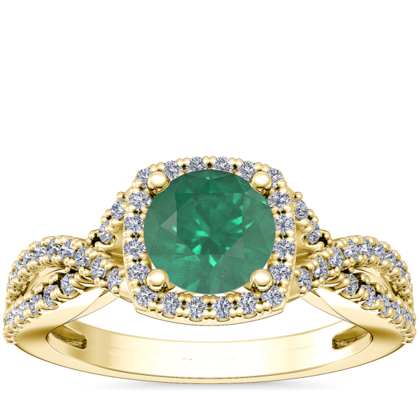 Twist Halo Diamond Engagement Ring with Round Emerald in 14k Yellow Gold (6.5mm)