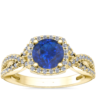 Twist Halo Diamond Engagement Ring with Round Sapphire in 14k Yellow Gold (8mm)