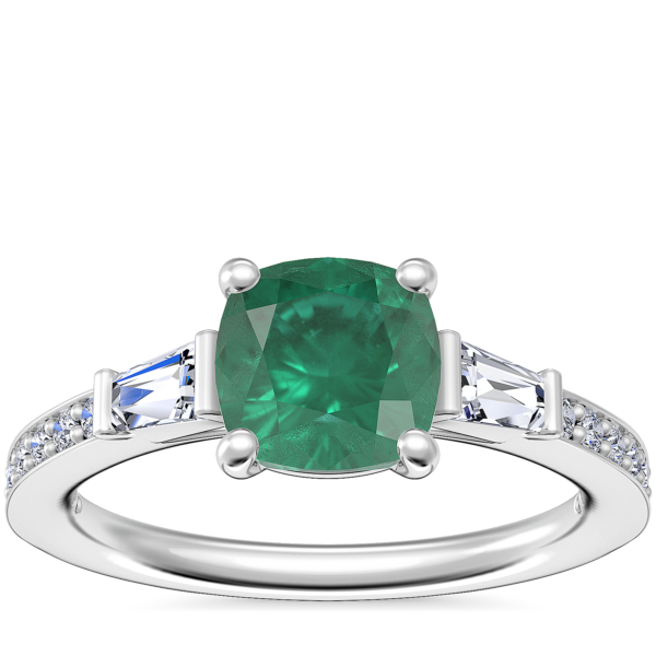Tapered Baguette Diamond Cathedral Engagement Ring with Cushion Emerald in 14k White Gold (6.5mm)