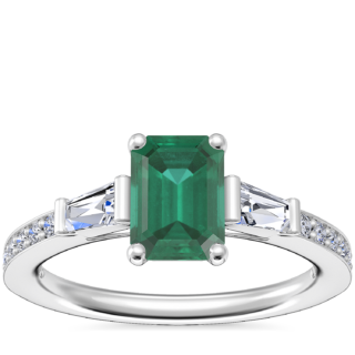 Tapered Baguette Diamond Cathedral Engagement Ring with Emerald-Cut Emerald in 14k White Gold (7x5mm)