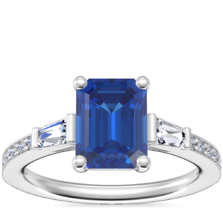 Tapered Baguette Diamond Cathedral Engagement Ring with Emerald-Cut Sapphire in 14k White Gold (8x6mm)