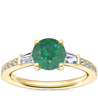 Tapered Baguette Diamond Cathedral Engagement Ring with Round Emerald in 14k Yellow Gold (6.5mm)