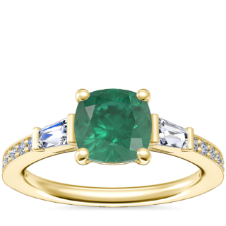 Tapered Baguette Diamond Cathedral Engagement Ring with Cushion Emerald in 14k Yellow Gold (6.5mm)